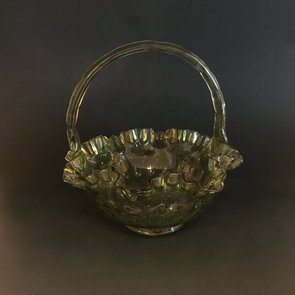 VTG Fenton Avocado Green Glass Crimped Edge Handled Basket Thumbprint Pattern